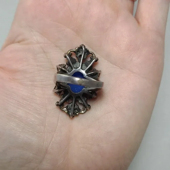 Gothic Blue Cameo And Garnet 925 ss Ring 7.5 jewelry - Picture 6 of 10